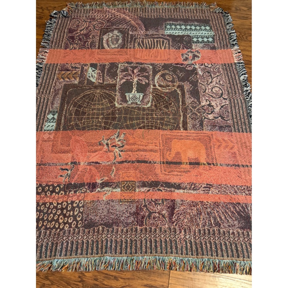 Vintage Safari World Map Woven Tapestry Throw Blanket Elephant Lion Fringe Boho - Picture 3 of 4